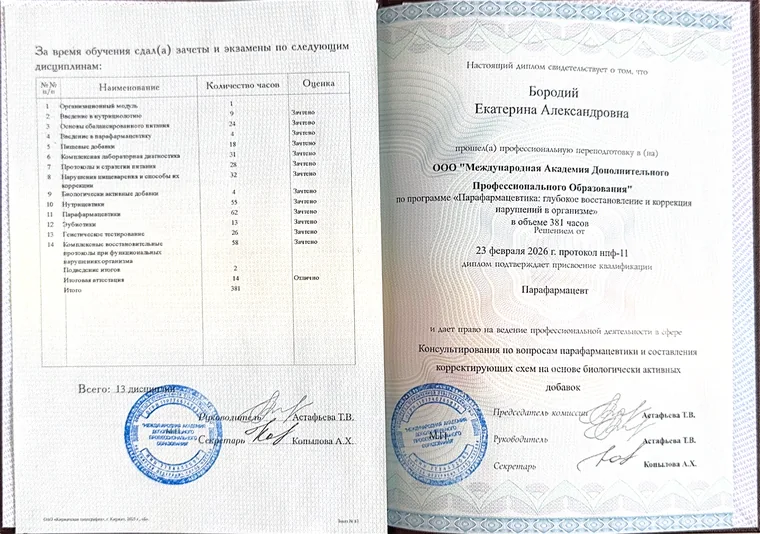 Приложение к диплому «Парафармацевтика» — перечень изученных дисциплин